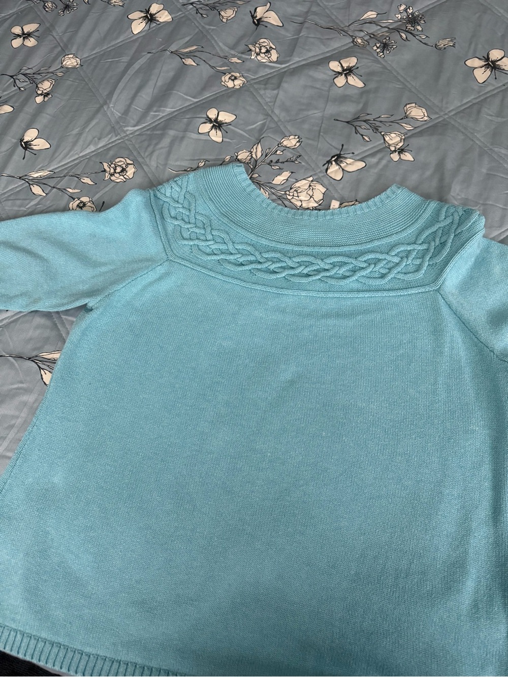 Talbots Aqua Blue Crewneck Sweater with Cable Yoke